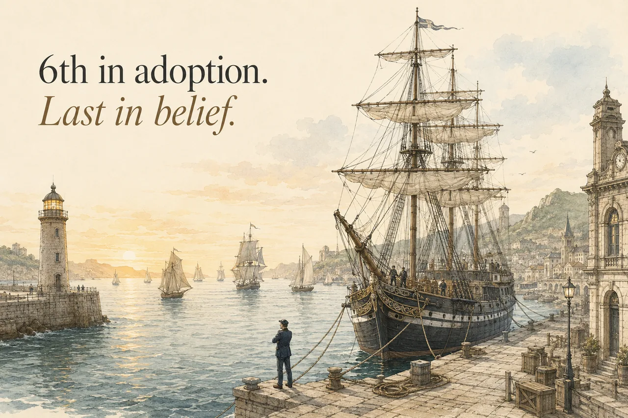 6th in adoption. Last in belief. A ship leaving the harbour at sunset