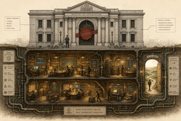 Cross-section etching of a grand ministry building marked CLOSED while busy workshops continue underground beneath it