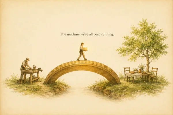Etching of a worker carrying goods across a bridge from a workbench to a family table - the machine we've all been running