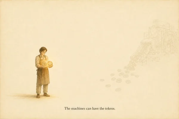 Etching of a craftsman holding two glowing coins while a trail of tokens drifts toward a distant machine