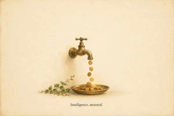 Etching of a brass tap dripping golden tokens into a bowl - intelligence, metered