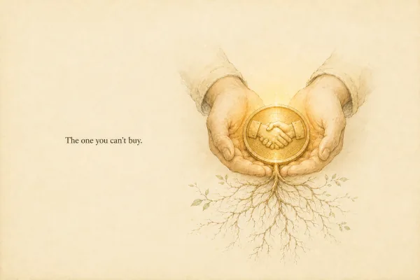 Etching of cupped hands holding a glowing handshake coin with roots growing beneath - the one you can't buy